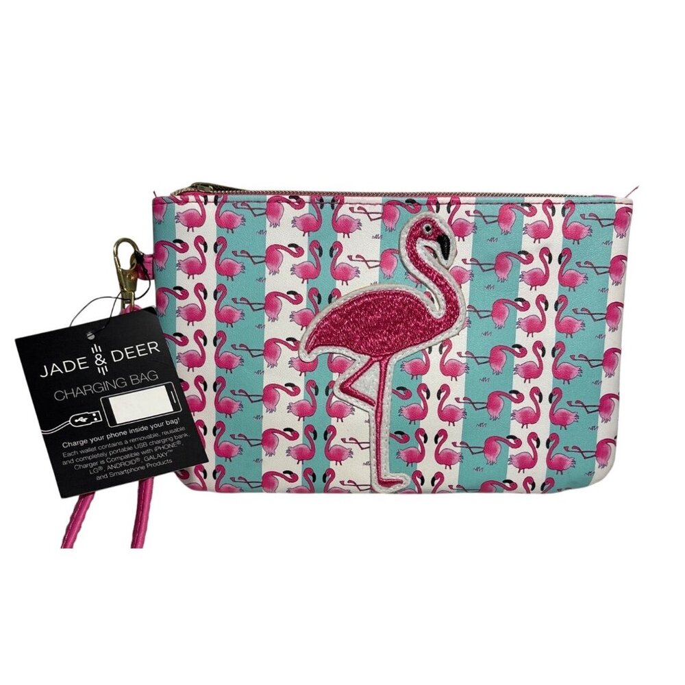 USB Charging Bag Purse Flamingo Jade & Deer 8 x 5.25" Turqoise Pink Wristlet